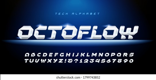 Octoflow Modern Italic Chrome Alphabet. Silver or stainless steel font with octagonal matrix.