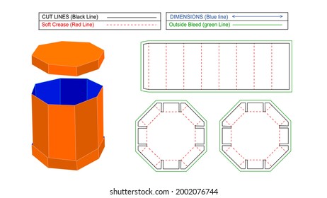 Octogonal Circular 3 lid box by glued assemble dieline template 3D render