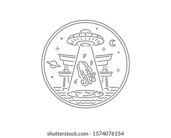 Octopus abduction black on white background vector illustration for any use