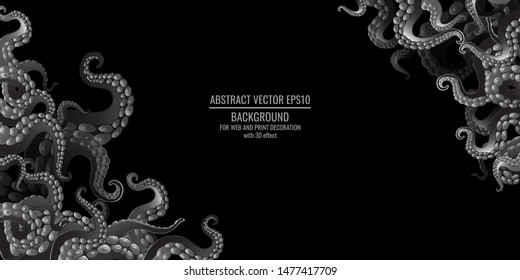 Octopus abstract frame design, creative ocean doodle, cute decoration design, deep wildlife cartoon retro tentacles for web and print 