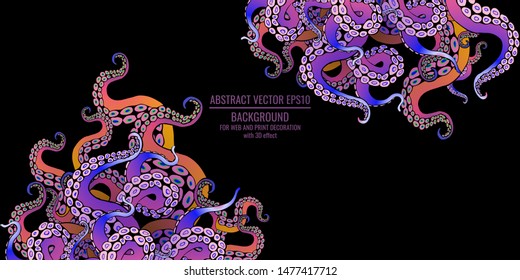 Octopus abstract frame design, creative ocean doodle, cute decoration design, deep wildlife cartoon retro tentacles for web and print 