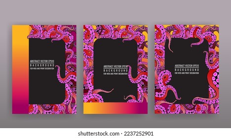 Octopus abstract frame design, creative ocean doodle, cute decoration design, deep wildlife cartoon retro tentacles for web and print 