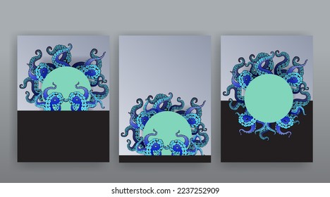 Octopus abstract frame design, creative ocean doodle, cute decoration design, deep wildlife cartoon retro tentacles for web and print 