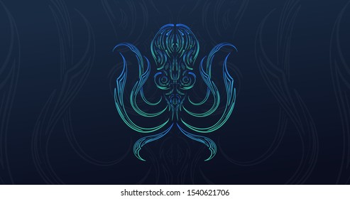 Octopus abstract hand drawn illustration background, digital line art style fantasy sea creature, ornamental underwater god concept