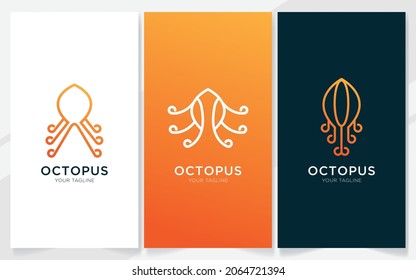 Octopus with abstract line style logo design, vector illustration set 