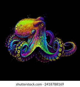 Octopus. Abstract, neon, multicolored portrait of an octopus in pop art style on a black background. Digital vector 