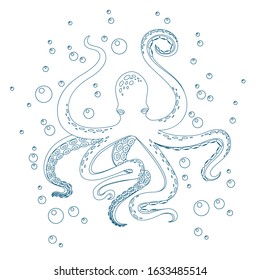 Octopus with air bubbles for coloring book outline design flat vector illustration on white background