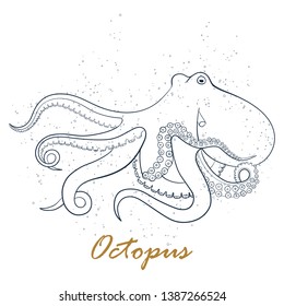 Octopus among the bubbles. Marine vector hand drawn illustration isolated on white background.