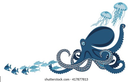 octopus among fish and jellyfish, vector illustration