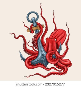 Pulpo con ancla. Aislado en blanco. Ilustración del vector