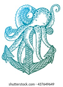 Octopus at anchor. Line art. Black and white drawing by hand. Doodle. Zentangl. Tattoo. Decorative squid anchor. Stylized.
