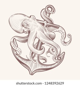 Octopus with anchor. Sketch sea kraken squid holding ship anchor. Octopus navy tattoo vector vintage design