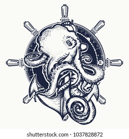 Octopus and anchor tattoo. Symbol of a sea adventure, ocean 