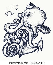 Octopus and anchor tattoo. Symbol of a sea adventure, ocean 