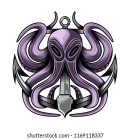 octopus and anchor vector illustration art on white background