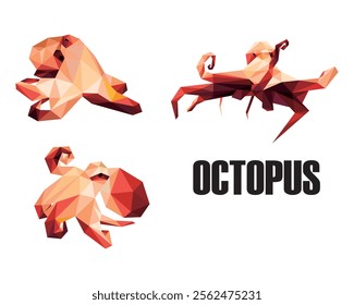 Octopus animal in polygonal low poly vector set. Collection abstract vector of octopus. Octopus Graphic vector illustration logo