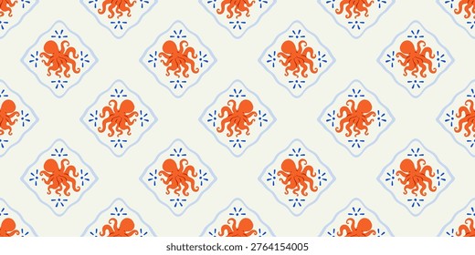 Octopus animal seamless pattern. Summer background drawing design. Beach vacation travel concept. Mosaic tile hand drawn backdrop illustration.