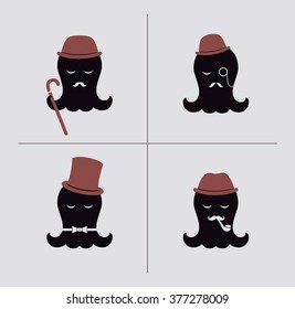 Octopus aristocrat vector flat illustration set