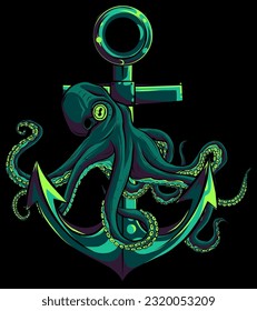 octopus around the anchor on black background vector illustration design