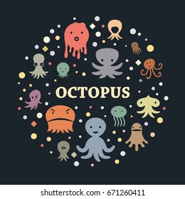 Octopus arranged in a circle. Flat style illustration.