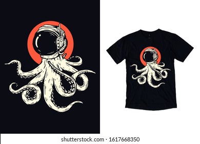 Octopus with astronaut helmet illustration for t shirt design