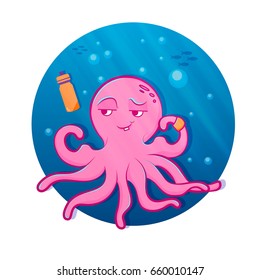 Octopus athlete. Cute octopus.Pink cartoon octopus