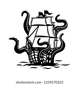 Octopus attack on sailboat. Design element for poster, card, banner, emblem, sign. Vector illustration