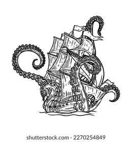 Octopus attack on sailboat. Design element for poster, card, banner, emblem, sign. Vector illustration