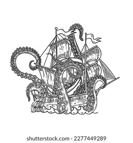 Octopus attack on sailboat. Design element for poster, card, banner, emblem, sign. Vector illustration
