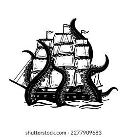 Octopus attack on sailboat. Design element for poster, card, banner, emblem, sign. Vector illustration