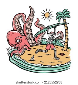 octopus attack skull on beach illustration