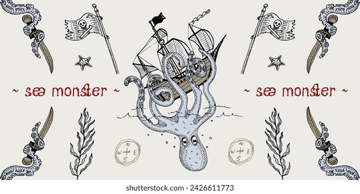 octopus attacked the ship, retro old ship vintage vector illustration realistic sketch