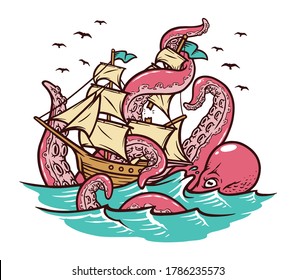 The octopus attacks the sailing ship vector illustration