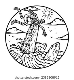 octopus attacks surfers in the sea line illustration