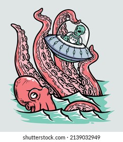 octopus attacks ufo crossing the sea illustration