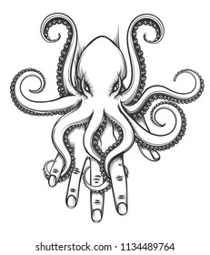 Octopus baby sitting on human hand. Vector illustration in tattoo style.