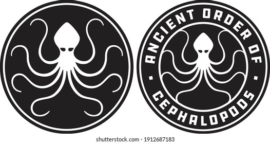 Octopus badge, logo, or emblem designs.
Set of two vector badges showing octopus with 8 curling tentacles spread within a circle.