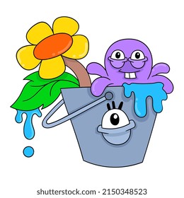 octopus bathing in a bucket in spring, vector illustration art. doodle icon image kawaii.