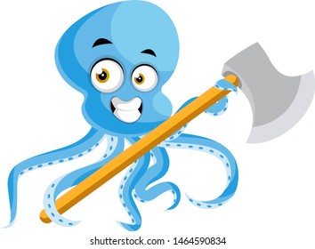 Octopus with big axe, illustration, vector on white background.