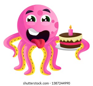 Octopus with a birthday cake illustration vector on white background