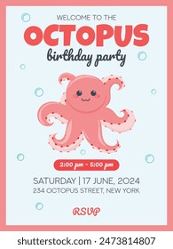 octopus birthday party invitation, pink cute cartoon octopus character with tentacles in kawaii style hand drawn vector illustration