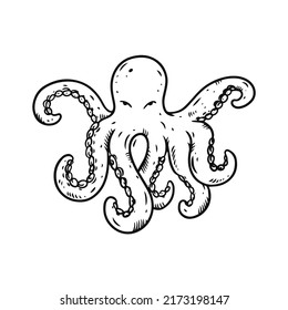 Octopus black color sketch style. Hand drawn vector illustration. Doodle art.