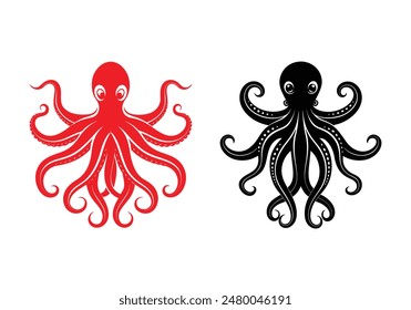 Octopus Black and Red Silhouette Art Vector Illustration Bundle - Perfect for Unique Design Projects.