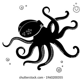 Octopus black silhouette. Sea animal. Amazing creature. Vector illustration.