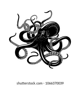 Octopus black silhouette of sea monster. Evil kraken or giant deep water beast with curved tentacles isolated symbol for tattoo, nautical heraldry or marine club emblem design