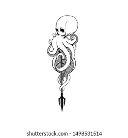 Octopus black silhouette of sea monster. Evil or giant deep water beast with curved tentacles isolated symbol for tattoo, nautical heraldry or marine club emblem design. vector and illustration