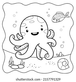 Octopus black and white. Coloring book or Coloring page for kids. Marine background vector illustration