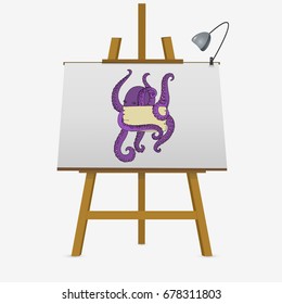 Octopus with blank table. Cartoon octopus on easel. Hand drawn vector illustration.