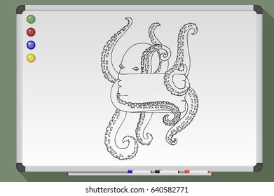 Octopus with blank table. Sea food concept. Hand drawn vector illustration. Black and white whiteboard drawing