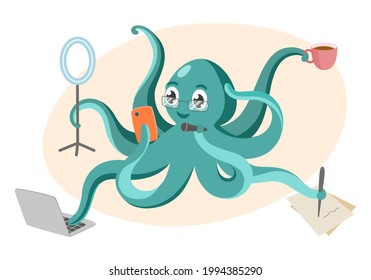 The octopus blogger does a lot of things at the same time. Multitasking and blogging concept. Shooting video for social networks.